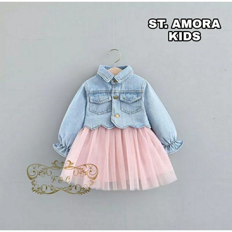 3 UKURAN S M L SET AMORA KID 3IN1 PAKAIAN ANAK PEREMPUAN ATASAN JACKET JEANS, INNER DAN ROK FEHM