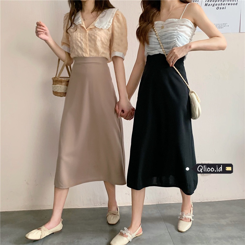Korean Style Fashion Hitam Minimalis Rok Midi A-line High Waist Pinggang Elastis