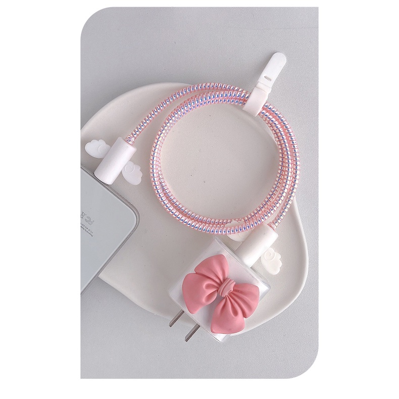 Android &amp; iPhone - Set 5 pcs Paket Cover Pelindung Kepala &amp; Kabel Charger Spiral | CLEAR SET