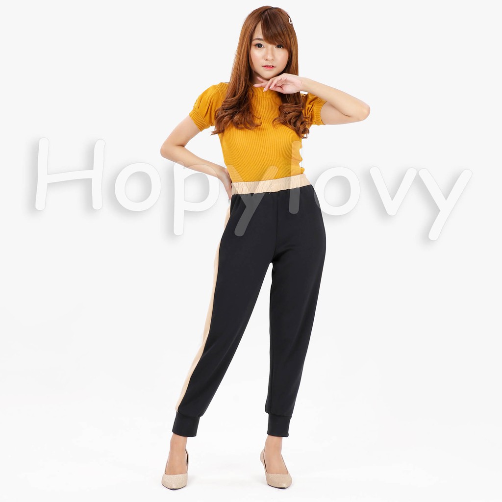 HOPYLOVY - Celana Jogger Wanita List Bahan Scuba Laila