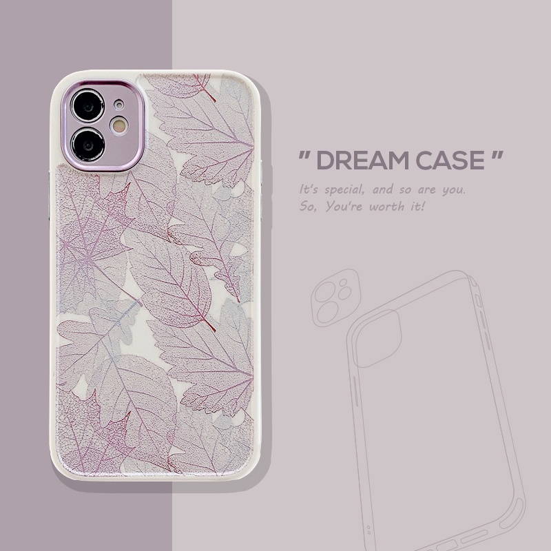 Case Pelindung Kamera Motif Daun Ungu Bahan TPU Shockproof Untuk IPhone 11 12 13 Pro Max Xr X Xs Xsmax 7 8 Plus