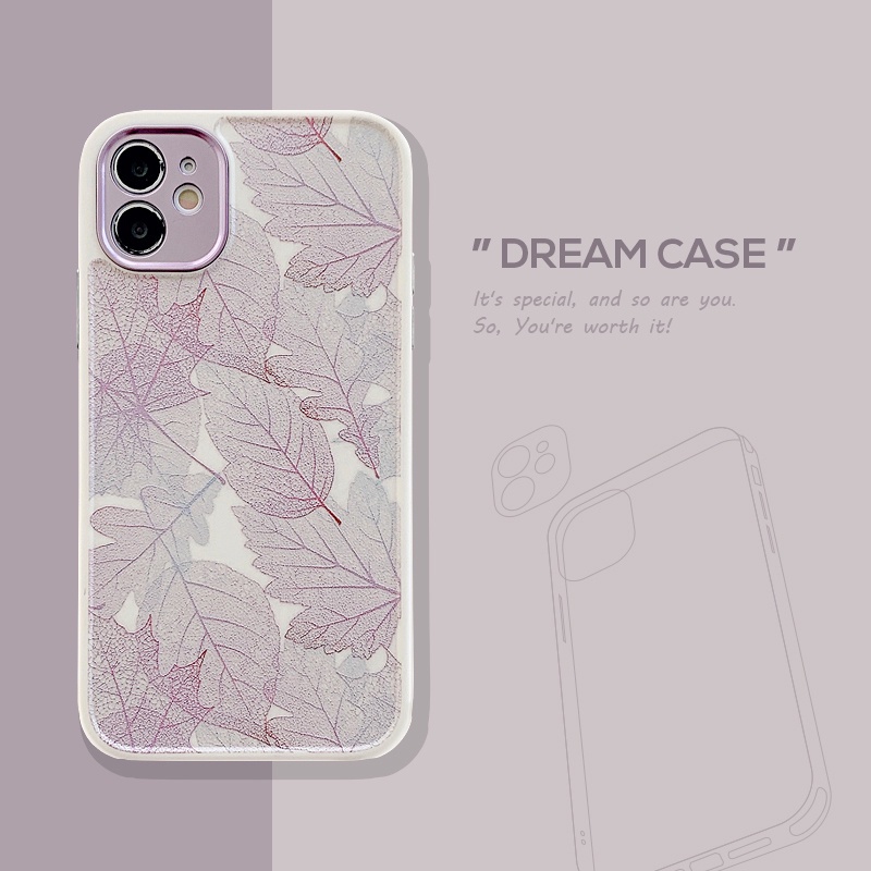 Case Pelindung Kamera Motif Daun Ungu Bahan TPU Shockproof Untuk IPhone 11 12 13 Pro Max Xr X Xs Xsmax 7 8 Plus