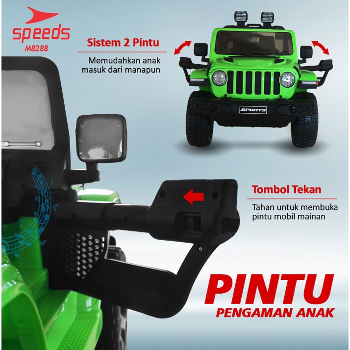 Mobil Aki Mainan SPEEDS Jeep Anak Offroad Remote Control Ride On Car Rubicon Super Car M8288-4