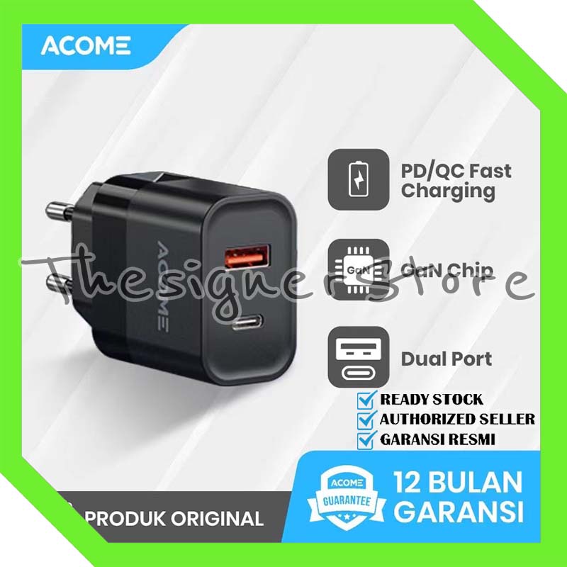 ACOME Charger GaN 30W Fast Charging PD/QC 3.0 Dual Port Support Laptop/iPad Garansi Resmi 1 Thn ACG30 PRO