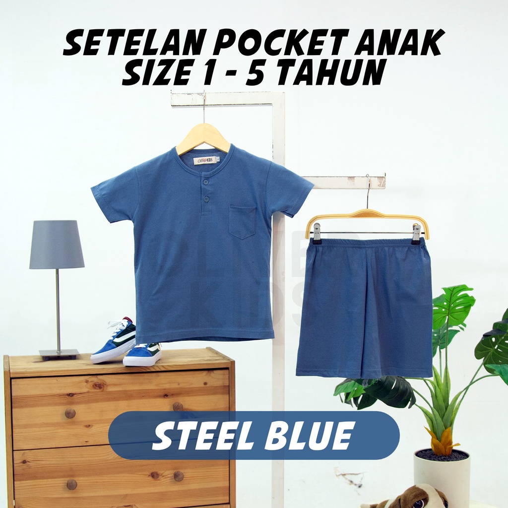 OliverKids Setelan Anak 1-5 Tahun Setelan Kiano Pocket Anak Celana Jogger Dan Baju Anak Polos Katun Combed One Set Henley Tee Setelan Pantai Anak-pocket steel blue