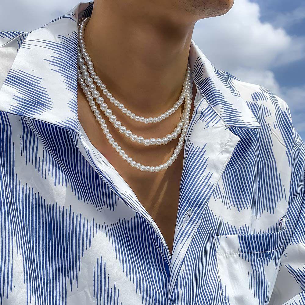 Mxbeauty Kalung Mutiara Kreatif Sederhana Perhiasan Pria Perhiasan Pesta Kepribadian Gentleman Style Stacking Neckchain