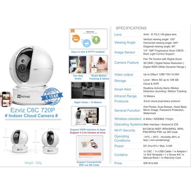 EZVIZ C6C Smart WiFi CCTV IP Camera 1080p DOME 340 Plus Degrees (ORIGINAL &amp; RESMI)