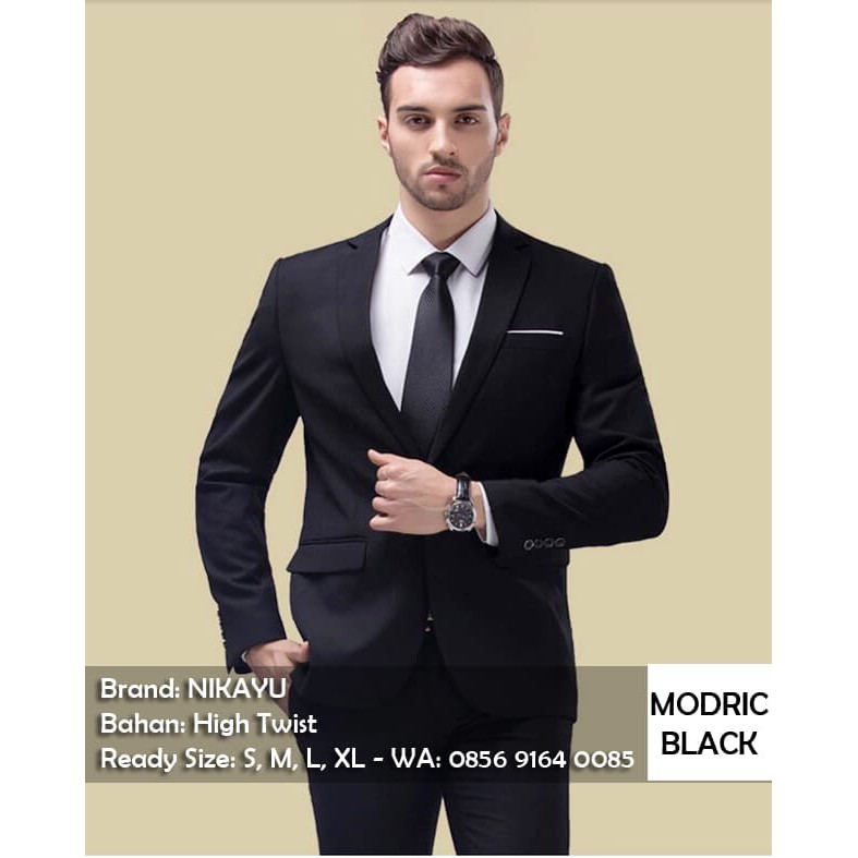 JAS PRIA MODRIC BLACK MODEL SLIMFIT FORMAL WISUDA WEDDING NIKAH PESTA BAHAN HIGH TWIST PREMIUM