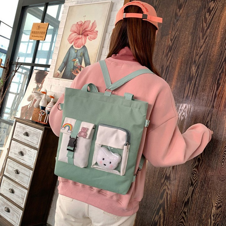 TC-62 tas canvas ransel selempang wanita 2 in 1 import korea jepang