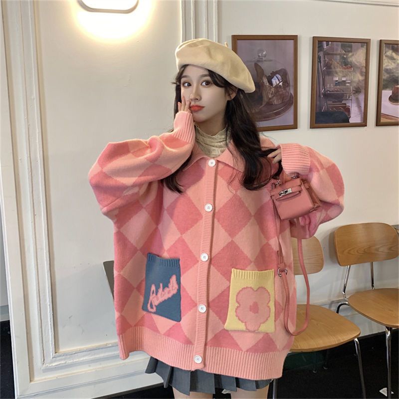 IMPORT KAYLA WOMAN KNIT OVERSIZED ARGYLLE CARDIGAN WINTER AUTUMN KOREAN STYLE KARDIGAN RAJUT WANITA MUSIM DINGIN