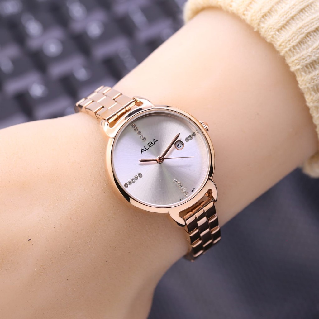 Grosiran Jam Tangan Wanita Alba 48685 ET Analog Tanggal Aktif Tali Strap Stainless Steel Free Baterai (COD)