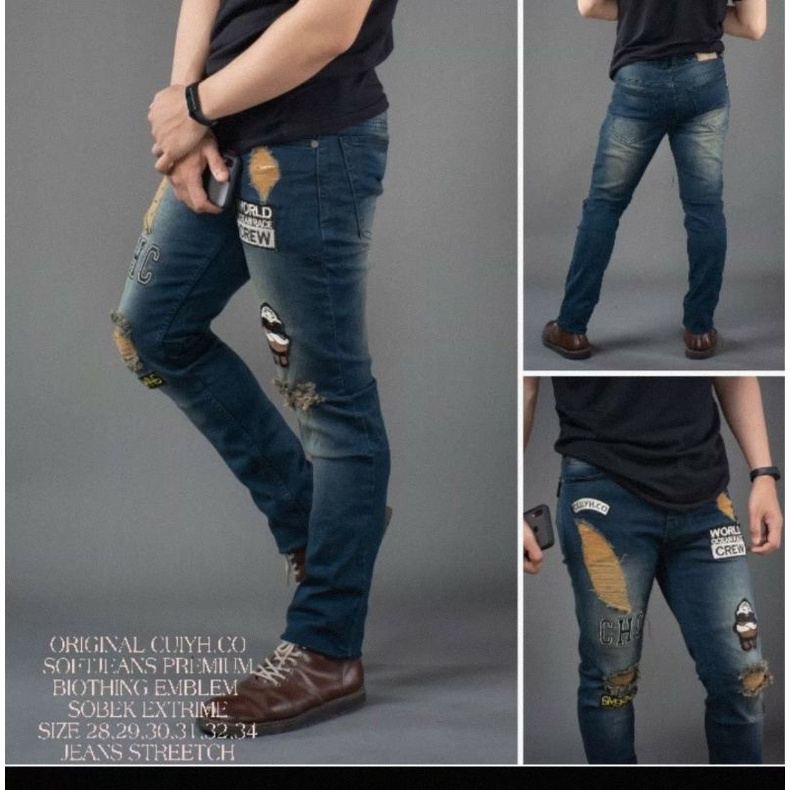 Celana Panjang Soft Jeans Emblem Sobek Exstrem RN.SEVEN