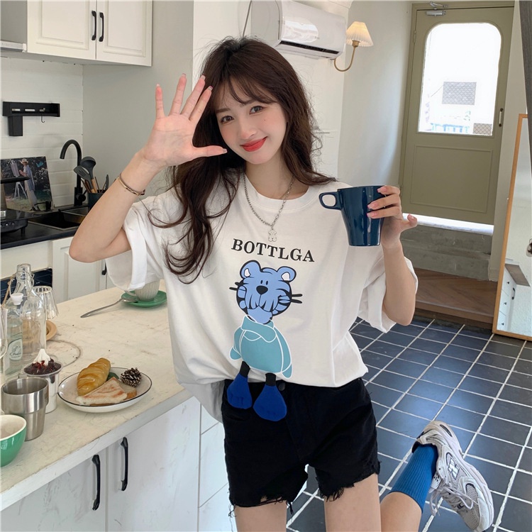 #Sisjuly# 2022Musim Semi Wanita Desain Rasa Tiga Dimensi Kartun Tiger Dicetak Lengan PendekTWanita Longgar Pel