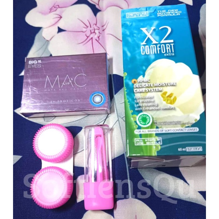 Cod Paket Softlens MAC Normal by X2 Big Eyes Dia 16mm + Air Softlens X2 60ml + Lenscase + Pinset