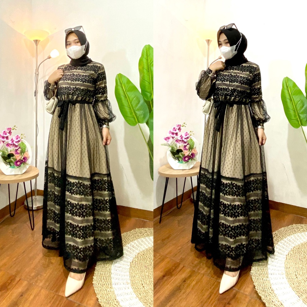 Gamis Brukat Baju Kondangan Wanita Kekinian Pesta Wanita Lengan Balon