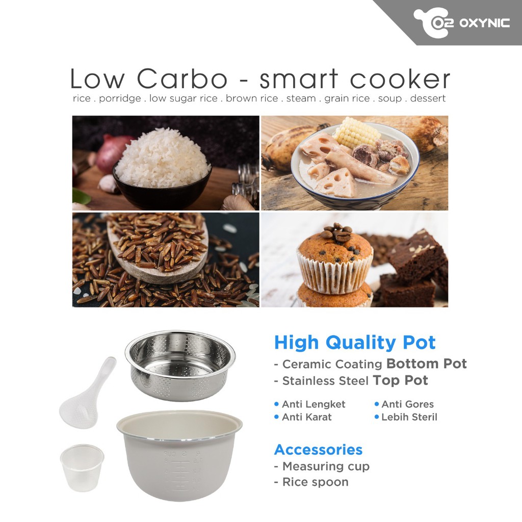 OXYNIC Low Carbo Smart Cooker Rice Cooker Low Carb Low Sugar Karbo 600 Watt