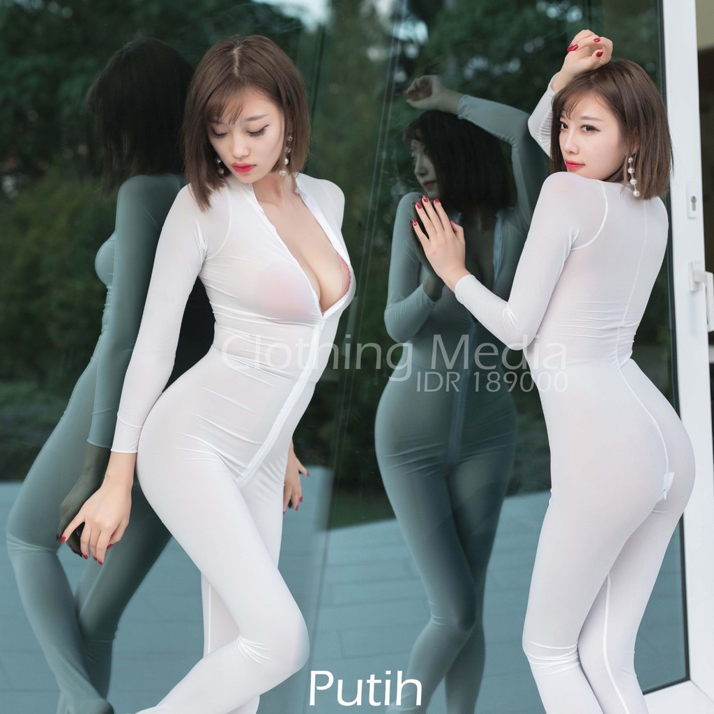 Full Bodysuit Ice Silky Halus Lembut Body Stoking Resleting Zipper Catsuit Semi Transparan