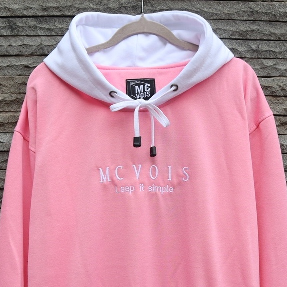 Mcvois Sweater Hoodie Kombinasi Pink Topi Putih Premium Distro
