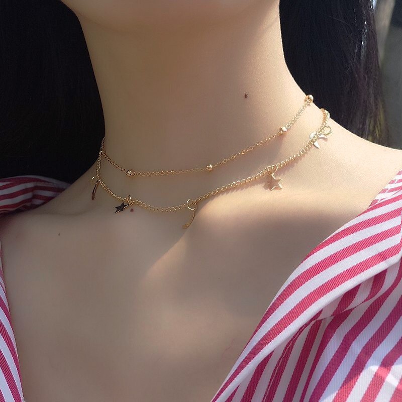 Kalung Rantai Multi Layer Liontin Bulan / Bintang / Bulan / Bintang Ala Boho Simple untuk Wanita