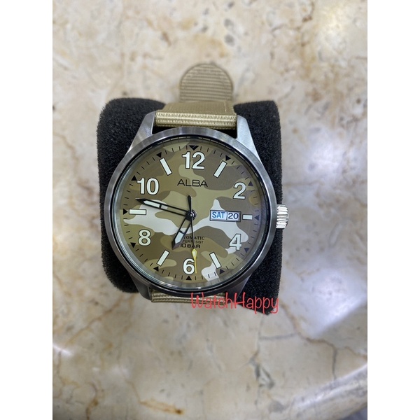 WatchHappy Alba AL4271X1 Men Automatic Day Date Dial Camouflage Beige Nylon Band AL4271 100%Original