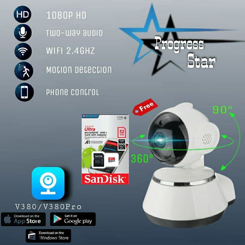 IP Camera Mini Wifi V380 Webcam Nirkabel Audio + sandisk 32GB