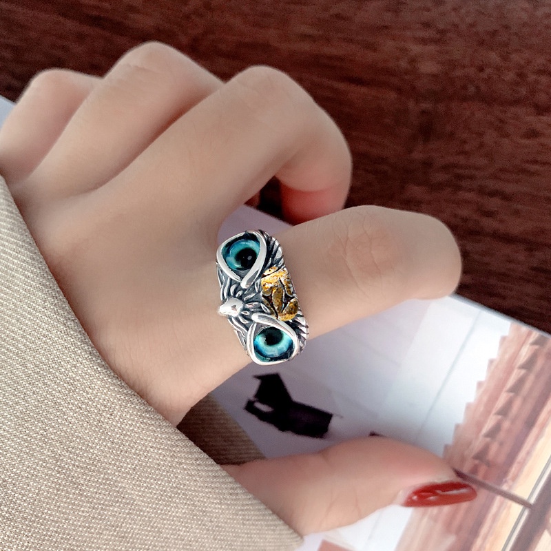 Cincin Model Terbuka Adjustable Desain Burung Hantu Geometris Gaya Vintage Retro Untuk Pria Dan Wanita