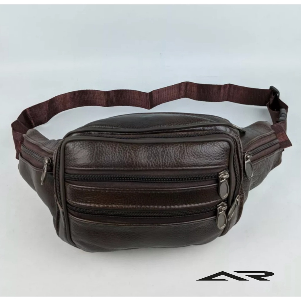 Tas Selempang Pria KULIT ASLI Waistbag Casual 7 Ruang Multi Fungsi