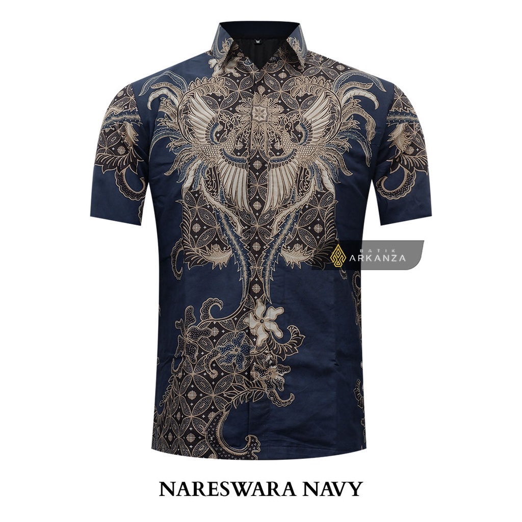 Gudang BATIK ARKANZA Motif NARESWARA NAVY Kemeja Batik Pria Lengan Panjang Memakai Furing