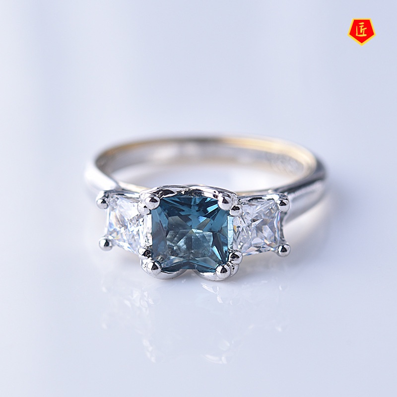 [Ready Stock]14K Gold Two-Color Navy Blue Topaz Square Diamond Ring for Women