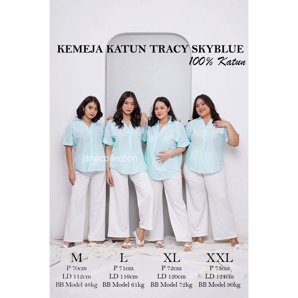 JANE COLLECTION || Kemeja Kerja Wanita Hitam Kemeja Basic Polos Putih Lengan Pendek Katun 100% Oversize XXL - Kemeja Katun Tracy