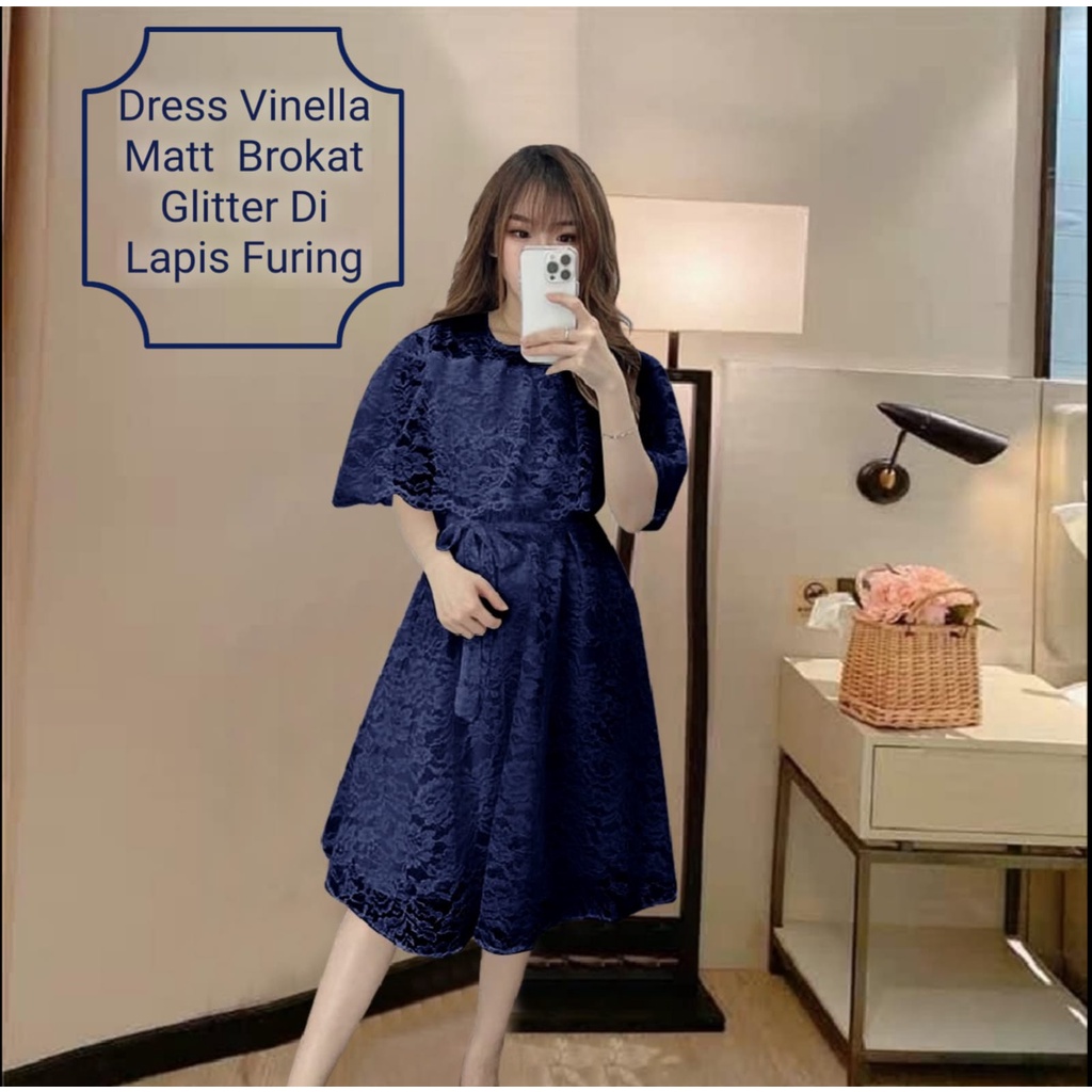 Dress Wanita Midi Kekinian Terbaru Kondangan/Pesta Matt Brokat Glitter Murah Berkualitas/Dress Vinella Size L-XL/Dress Natal Wanita Remaja Terbaru