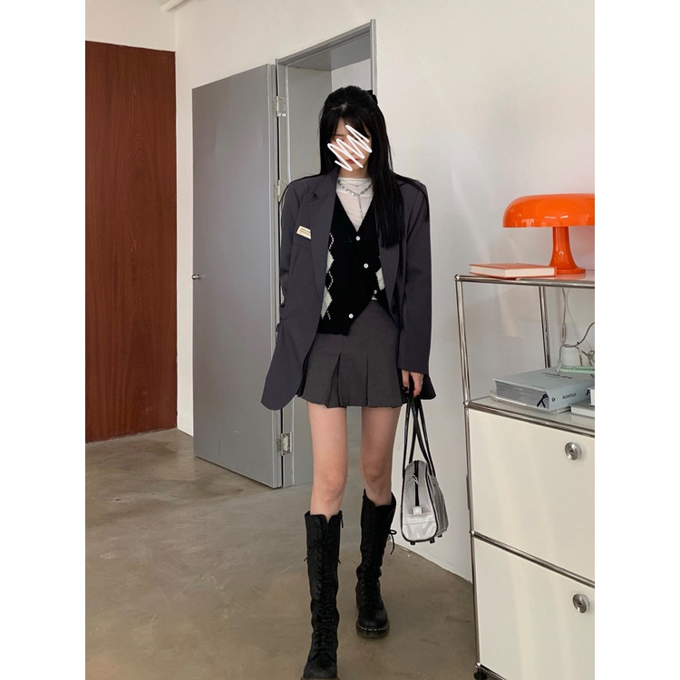 XIAOZHAINV Cardigan Rajut Wanita Korean style Kotak-Kotak Lengan Panjang 3147