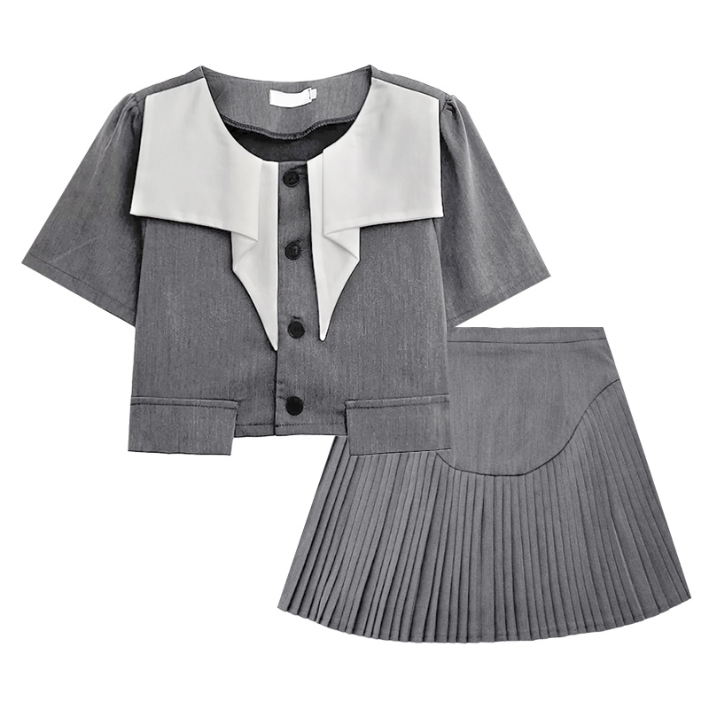 Temperamen Colorblock Collar Irregular Suit Dengan Bahu Depan Empuk Atasan Kecil + Rok Lipit Ramping Pinggang Tinggi