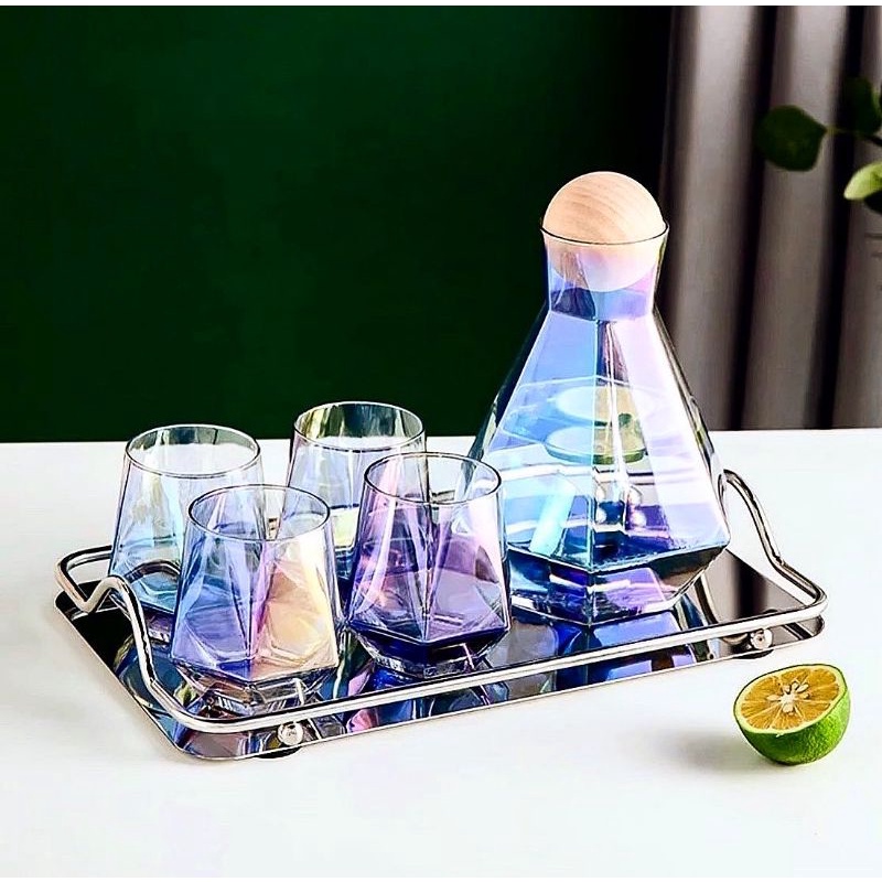 Diamond Jug + Glass + Tray set / Teko Kaca / Gelas Diamond