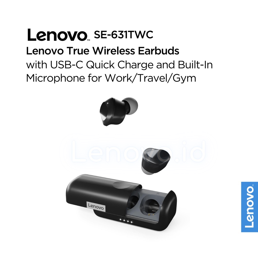 Lenovo Droplet TWS True Wireless Earbuds SE-631TWC Bluetooth 5.0 IPX5 Waterproof with  USB-C Quick Charge and Built-In Microphone for Work Travel Gym Earbud Mic