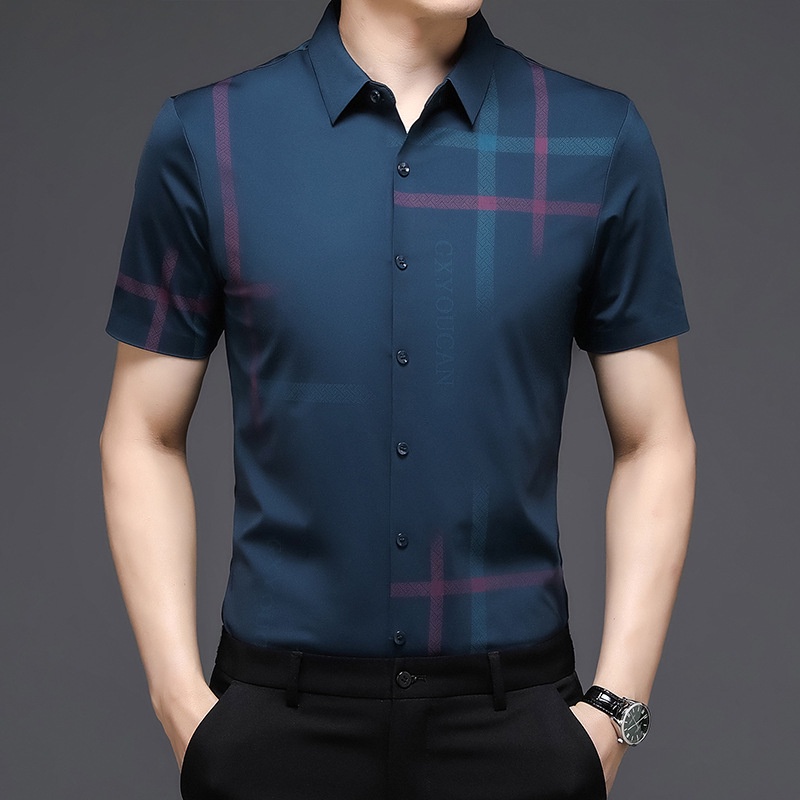 Kemeja Kasual 2021   Pria Lengan Pendek Tipis Es Sutra Kemeja Bisnis Kasual MiddleAged Fashion Berga