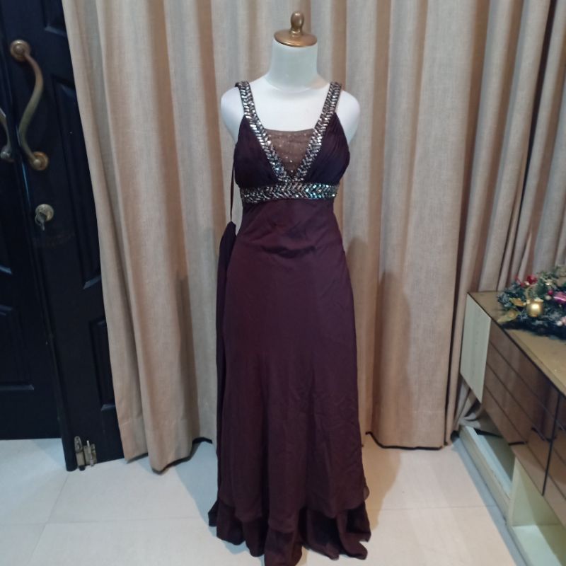NEW maxi long dress wanita shuang coklat tua MEWAH gaun M PESTA good quality sifon cute vneck kutung