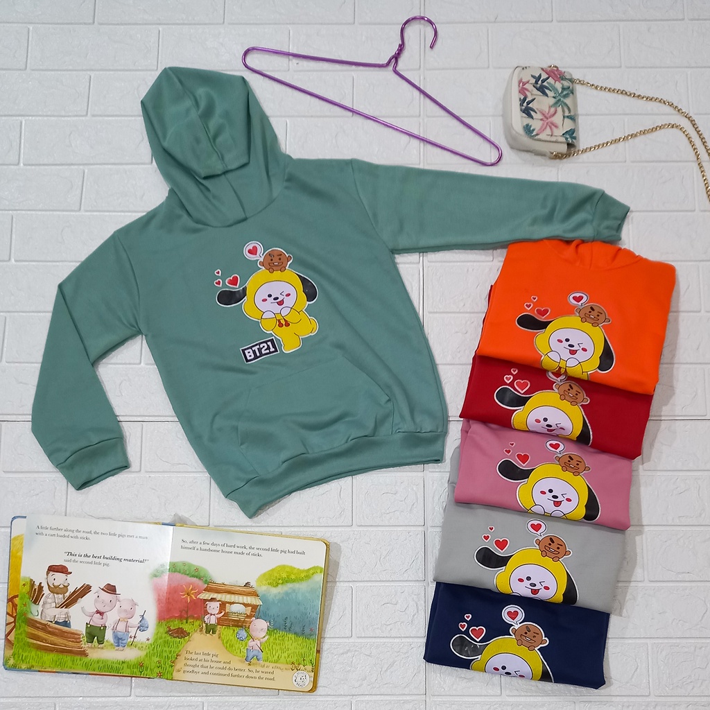 Setelan Hoodie Jogger Panjang BT21 CHIMMY Set Baju Celana Crewneck BTS Kuning Yellow Jimin Anak Pere