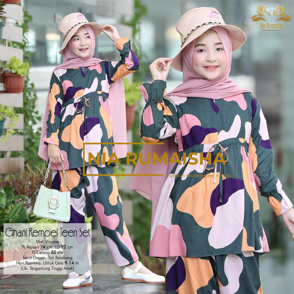 BAJU ANAK KUALITAS PREMIUM BAHAN VISCOSE SERUT DEPAN TALI BELAKANG SERI GHANI REMPEL TEEN SET