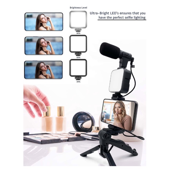 Vlogging KIT Alat Paket Vlog Hp Lengkap Youtuber Vloger Handphone 5 in 1 Item LED Video Light Phone Holder Tripod Microphone Remote Shutter-2