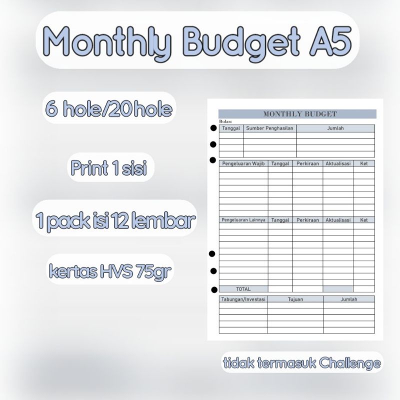 

Monthly Budget Only A5 Loose Leaf Pengatur Keuangan 6/20 hole kertas HVS 75 Gsm (12 halaman) isi binder