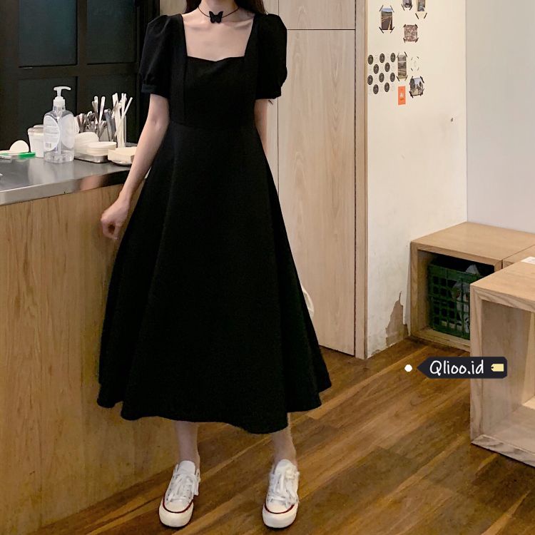 Versi korea fashion temperamen gaun lengan pendek maxi hitam minimalis untuk wanita