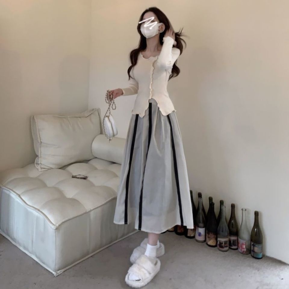 Knit Crop Top Korea Lengan Panjang Wanita Knitwear Atasan Wanita
