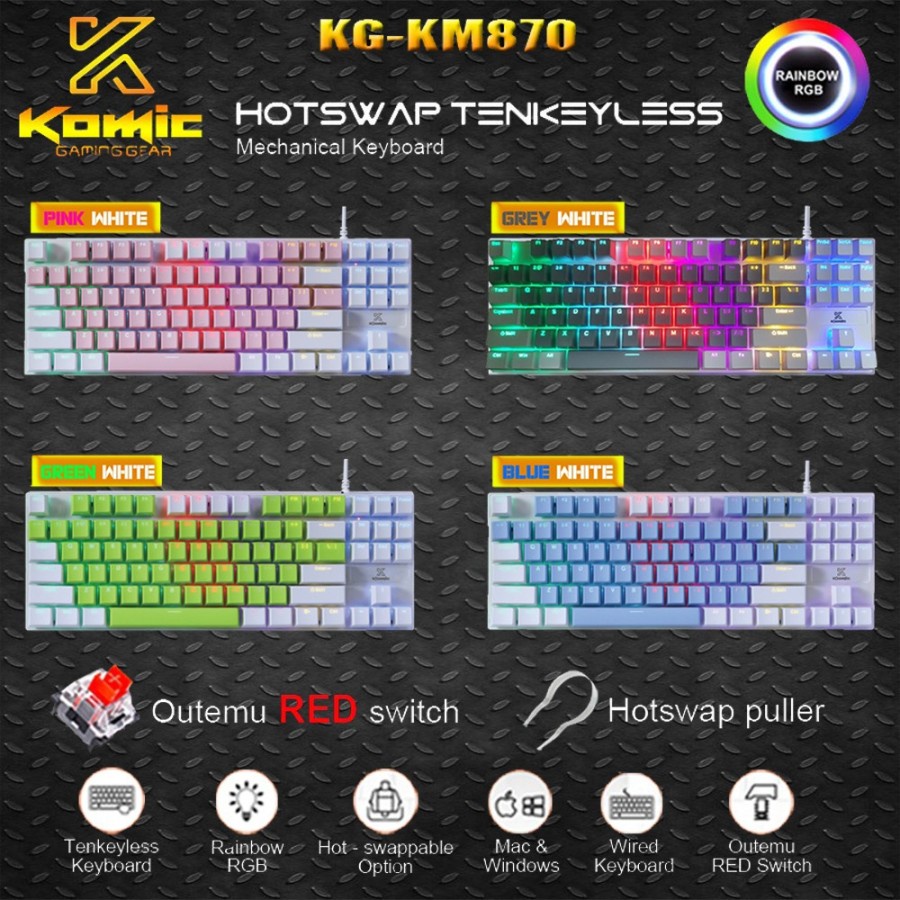 Keyboard Gaming Mecha Hotswap Red Switch Outemu TKL Komic KG-KM870