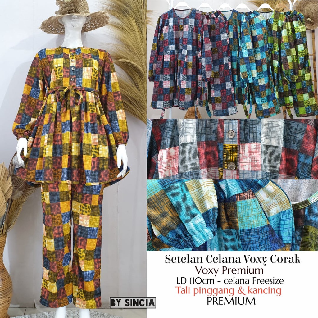 Setelan tunik + celana tali pinggang kancing motif kotak bahan voxy merk sincia