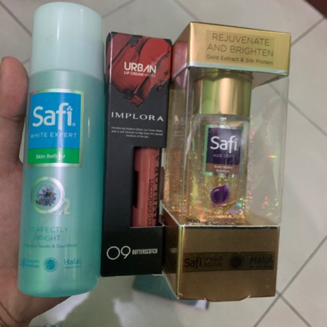 Preloved Safi White Expert Skin Refiner and Safi Gold water Essens free lipstik Implora