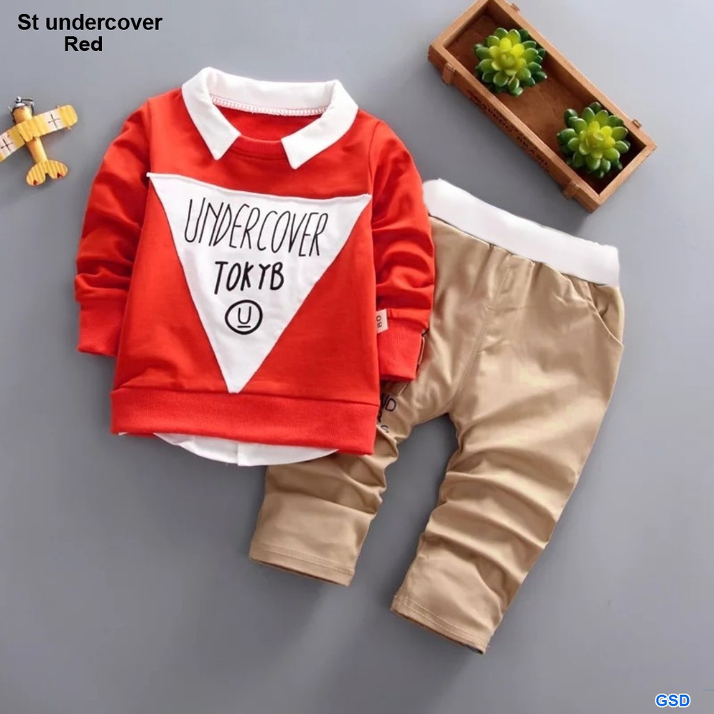 St undercover/stelan atasan model kemeja dan celana/pakaian setelan anak laki murah/baju anak terbru