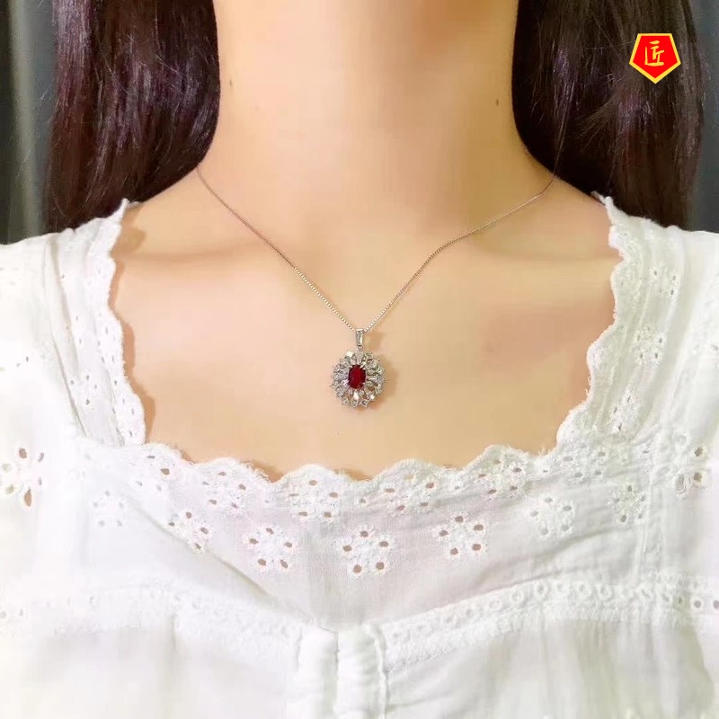 [Ready Stock]T Square Full Diamond Pendant Ruby Necklace for Women