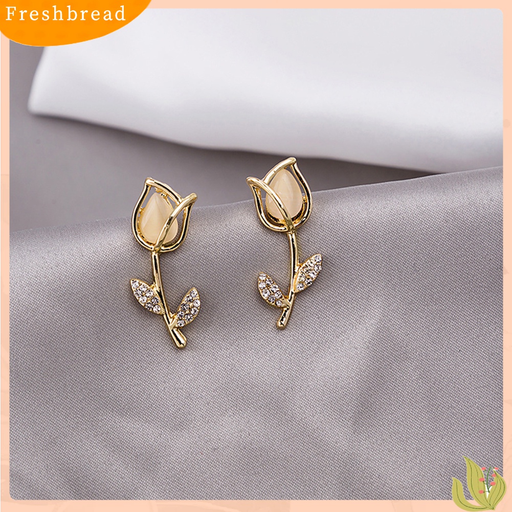 Terlaris Women Fashion Rose Petal Leaf Faux Gemstone Hollow Out Piercing Stud Earrings