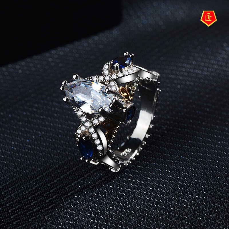 [Ready Stock]Inlaid Blue Gem Two-Tone Ring 18K Gold